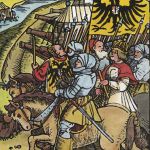 Belagerung von Neuss 1474/75: Kaiser Friedrich III. mit Gefolge vor Neuss, Holzschnitt von 1520
